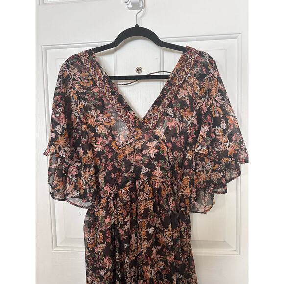 Zara Dress Boho Floral Chiffon Midi Ruffle Flutter Sleeves Size Small - Picture 3 of 9